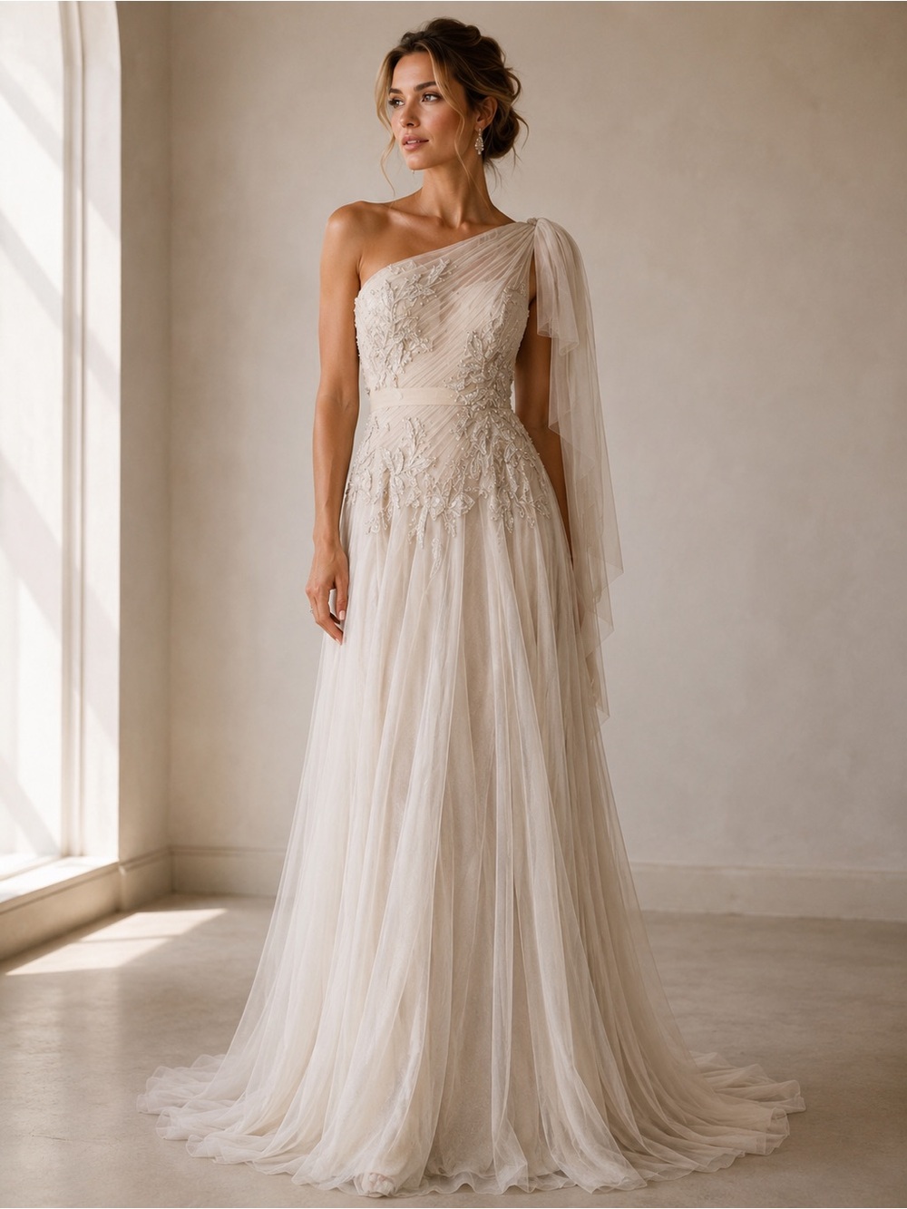 Galina Signature One-Shoulder Ivory Beaded Tulle Wedding Dress Gown Size 8